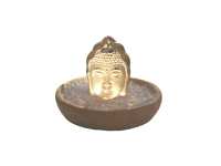 Buddha Kopf aus geschliffen Bergkristall mit Hämatit in einem Holzgefäß